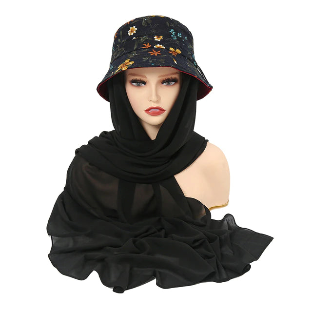 Printed Bucket Hat Instant Chiffon Hijab