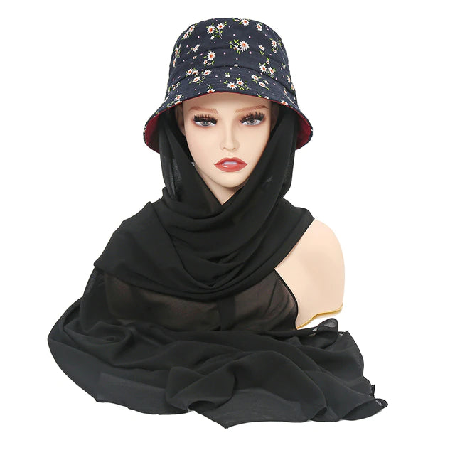Printed Bucket Hat Instant Chiffon Hijab