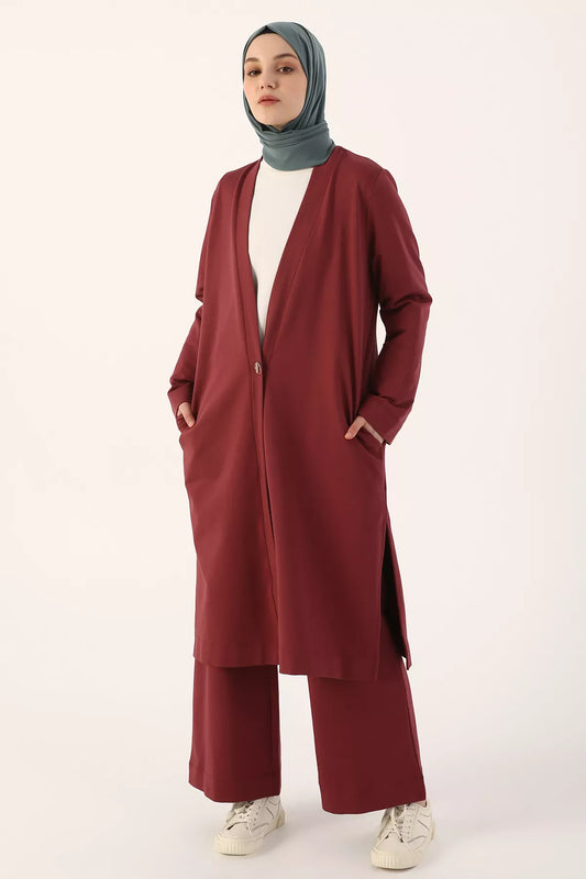 Modest Two-piece Set - Cardigan Suit - Maroon