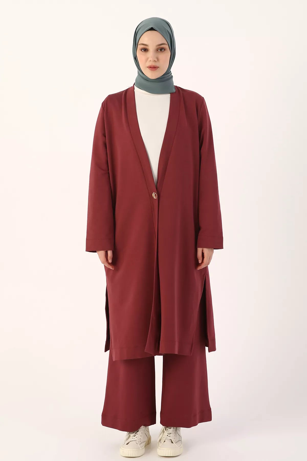 Modest Two-piece Set - Cardigan Suit - Maroon